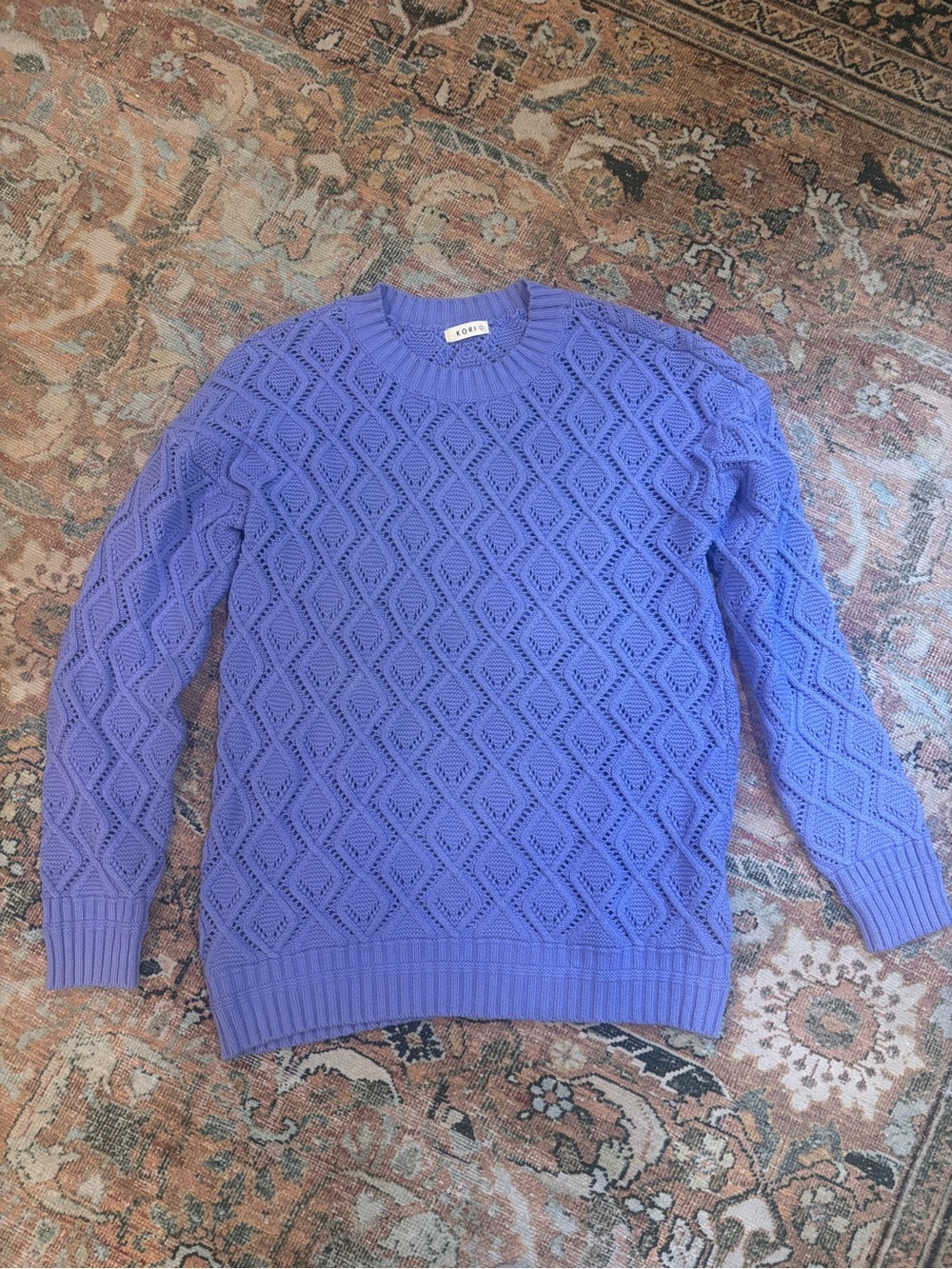 Kori Lavender Blue Diamond Openwork Crewneck Sweater- Large